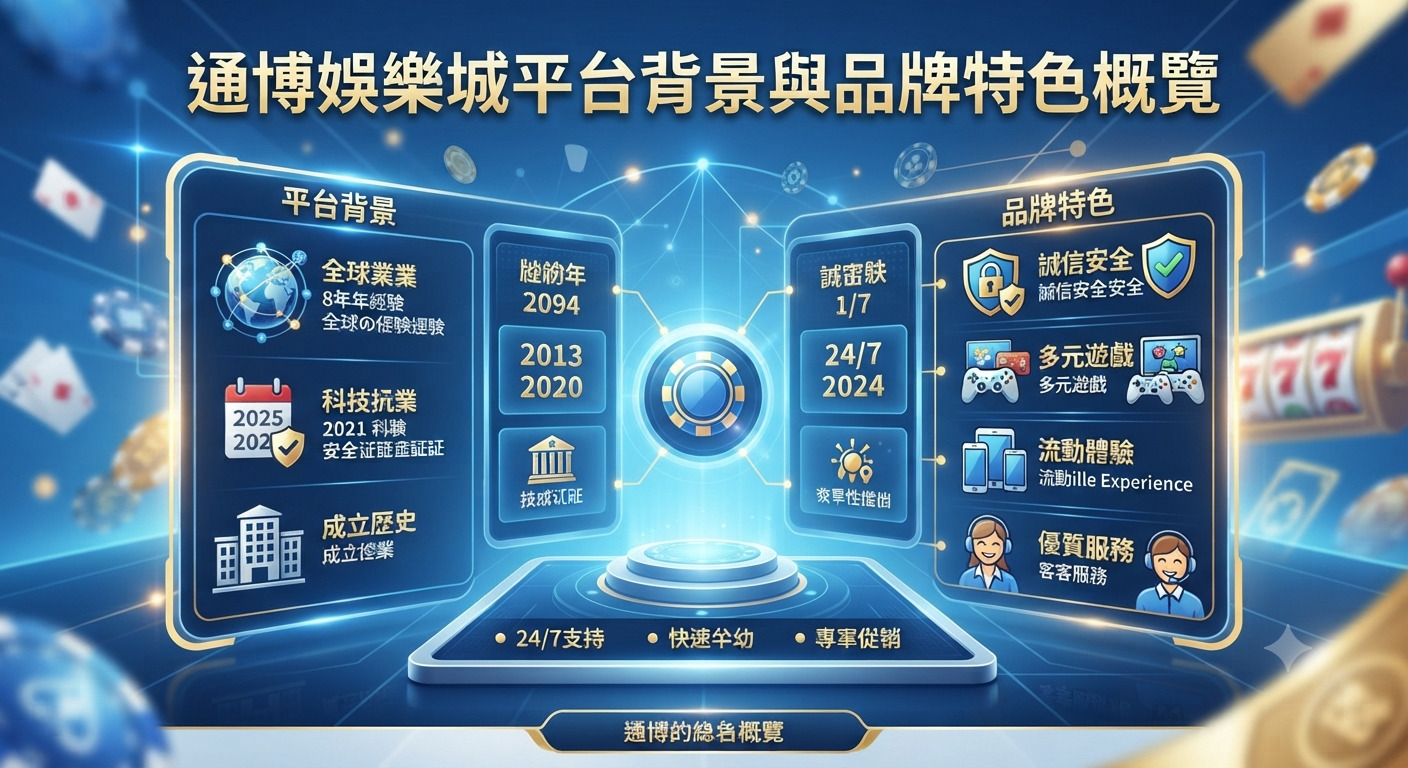 這張圖片展示了通博娛樂城平台的背景與品牌特色概覽,並以高科技的藍色背板呈現。 畫面融合了多元遊戲圖標與專業客服元素,突顯其安全可靠與優質流暢的運營體驗。