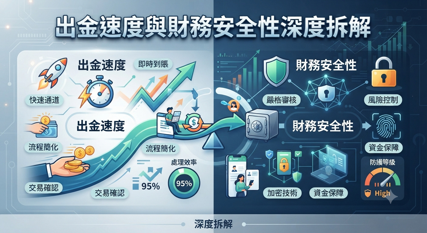 這張圖片以對比的視覺設計探討了出金速度與財務安全性的核心概念。 上方醒目地展示了主題標題,傳達出深入解析這兩大關鍵要素的專業意涵。